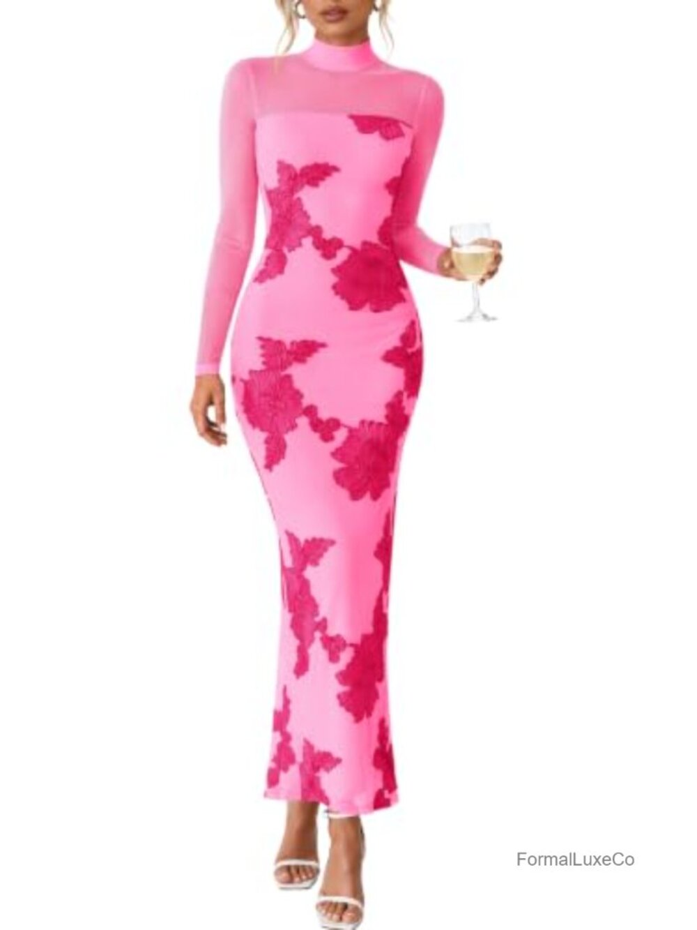 Lazysmile Women's Long Sleeve Floral Bodycon Mesh Maxi Formal Dress